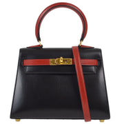 Hermes 1993 Black Rouge Vif Box Calf Mini Kelly 20 Sellier 2way Shoulder Handbag