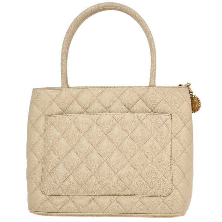 Chanel 2000-2001 Ivory Caviar Medallion Tote Handbag