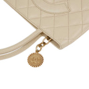 Chanel 2000-2001 Ivory Caviar Medallion Tote Handbag