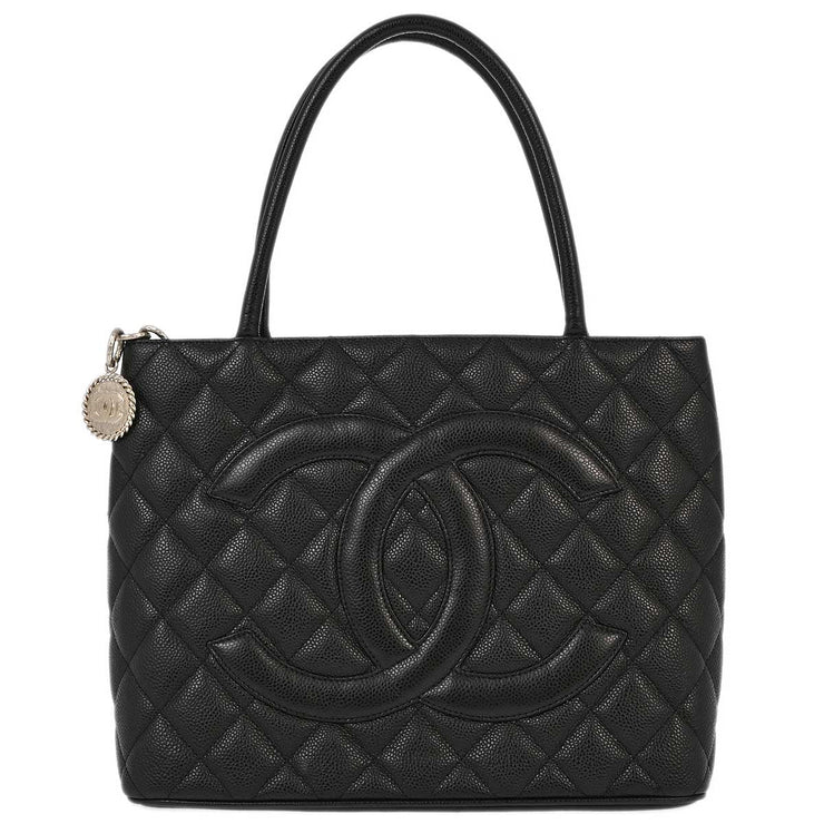 Chanel 2001-2003 Black Caviar Medallion Tote Handbag