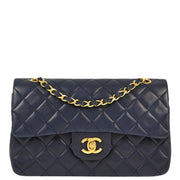 Chanel 1989-1991 Navy Lambskin Small Classic Double Flap Shoulder Bag