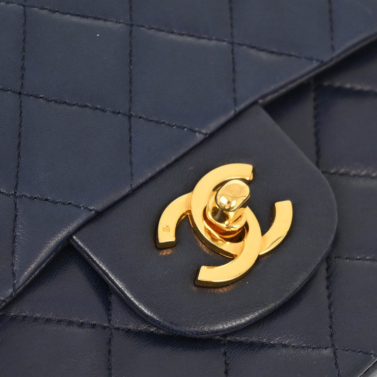 Chanel 1989-1991 Navy Lambskin Small Classic Double Flap Shoulder Bag