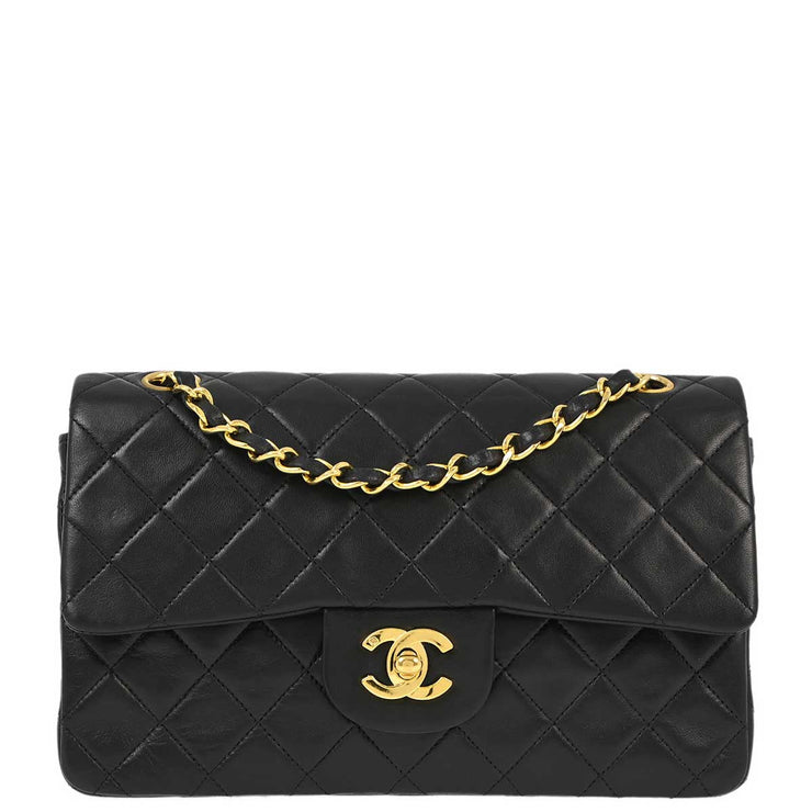 Chanel 1989-1991 Black Lambskin Small Classic Double Flap Shoulder Bag