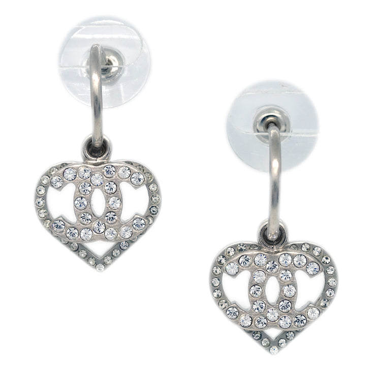 Chanel Heart Dangle Piercing Earrings Rhinestone Silver 08P