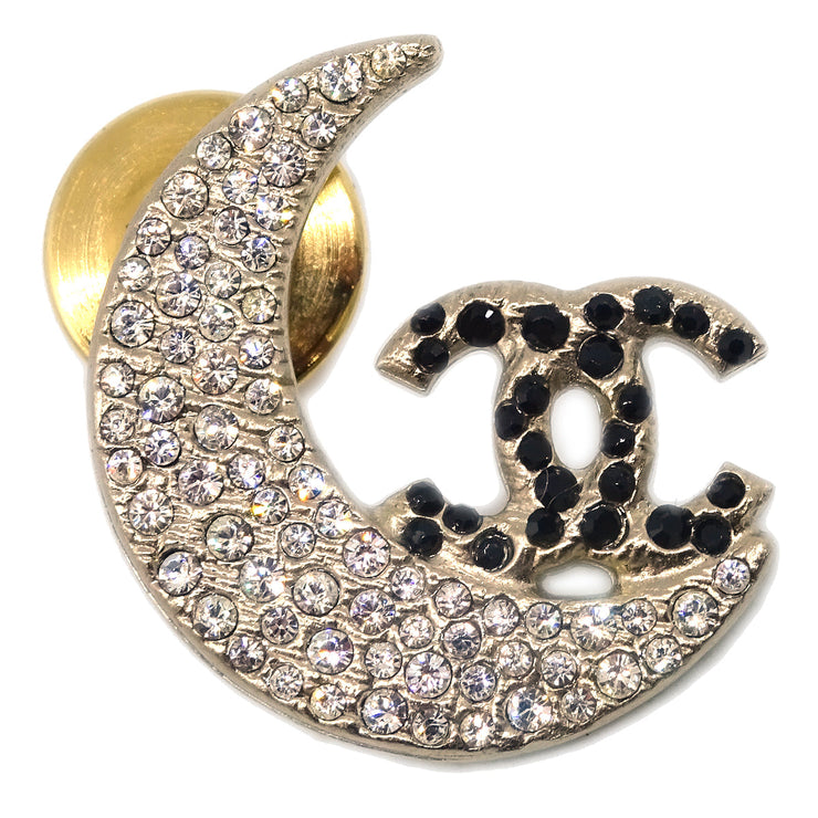 Chanel Moon Rhinestone Brooch Gold 08P