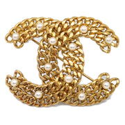 Chanel Gold CC Brooch Pin Artificial Pearl 03A