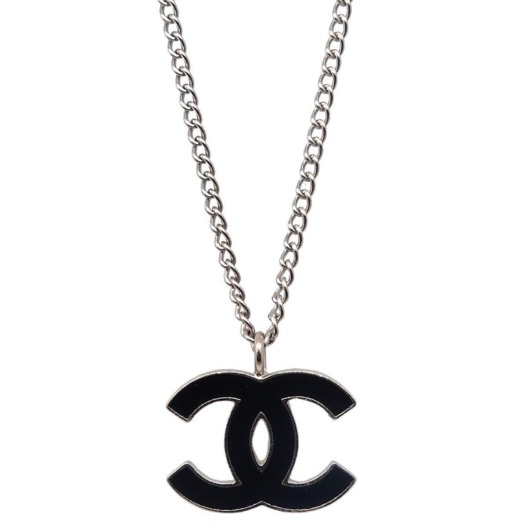 Chanel Chain Necklace Silver Black 04P