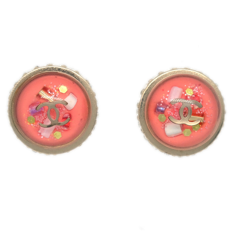 Chanel Button Piercing Earrings Rhinestone Pink 09C