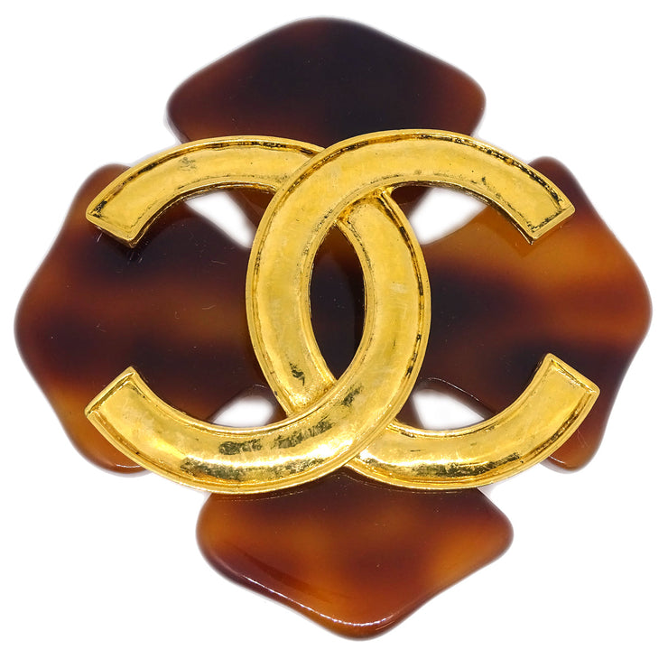 Chanel Clover Brooch Pin Gold Brown 94P