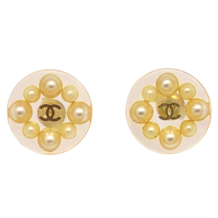 Chanel Button Piercing Earrings Artificial Pearl Clear