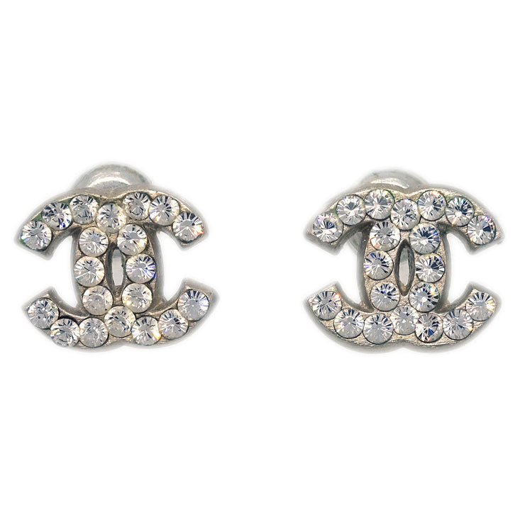 Chanel Mini CC Pierced Earrings Rhinestone Silver 04A