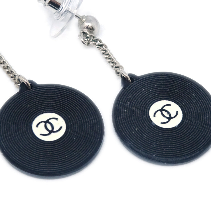 Chanel Record Piercing Dangle Earrings Silver Black