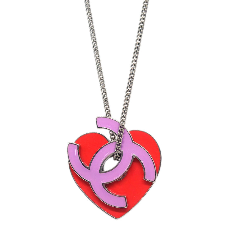 Chanel CC Heart Chain Necklace Silver Pink 04P