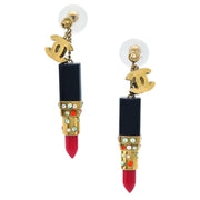 Chanel Lipstick Dangle Piercing Earrings Rhinestone Gold 04A