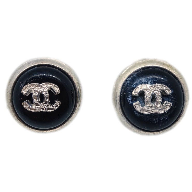 Chanel Button Earrings Clip-On Black Silver 00A