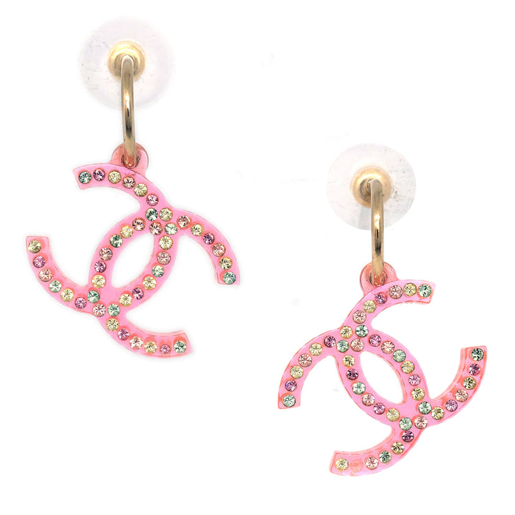 Chanel CC Dangle Piercing Earrings Rhinestone Pink 04A