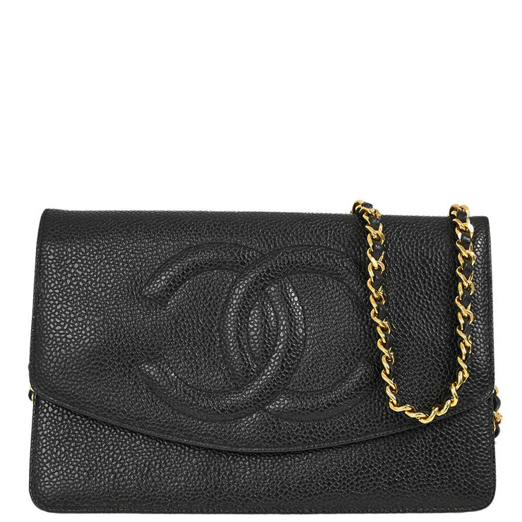 Chanel 1996-1997 Black Caviar WOC Chain Shoulder Wallet Bag