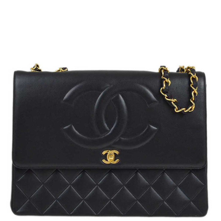 Chanel 1991-1994 Black Lambskin Classic Flap Maxi Jumbo Chain Shoulder Bag