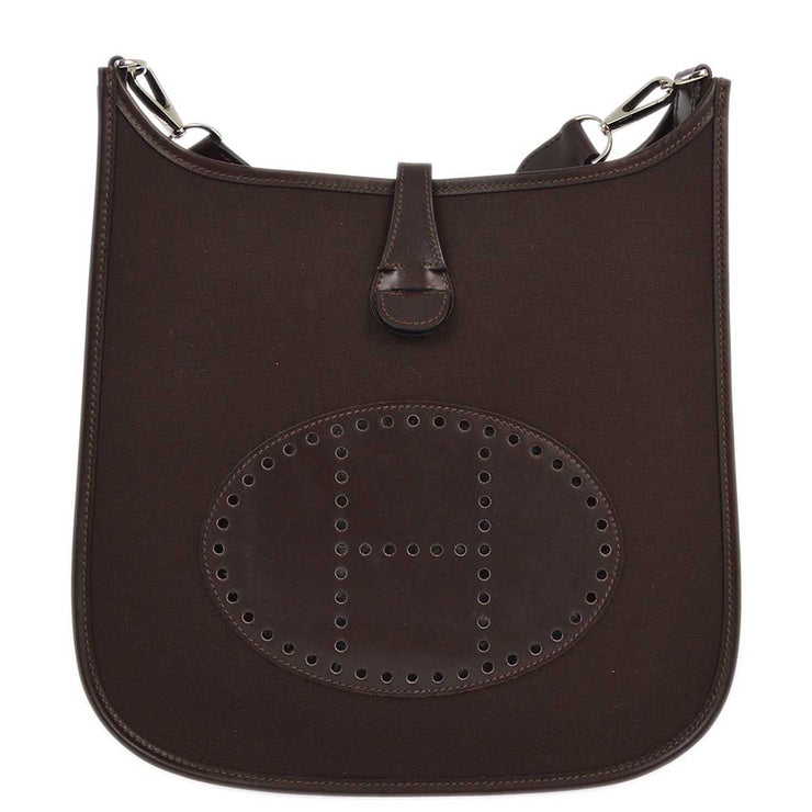 Hermes 2006 Brown Toile Officier Box Calf Evelyne 2 PM Shoulder Bag