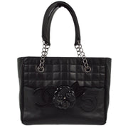 Chanel 2005-2006 Black Lambskin Choco Bar Camelia Chain Tote Handbag