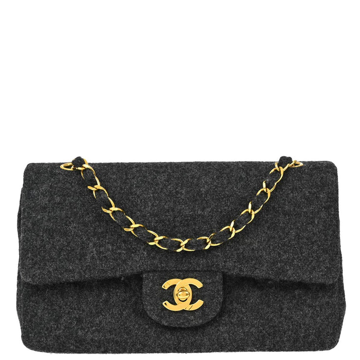 Chanel 1989-1991 Gray Felt Small Classic Double Flap Shoulder Bag