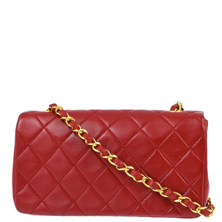 Chanel 1989-1991 Red Lambskin Turnlock Mini Full Flap Shoulder Bag