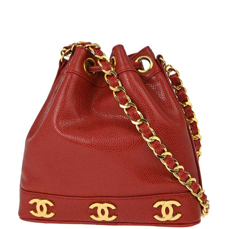 Chanel Red Caviar Triple CC Bucket Shoulder Bag