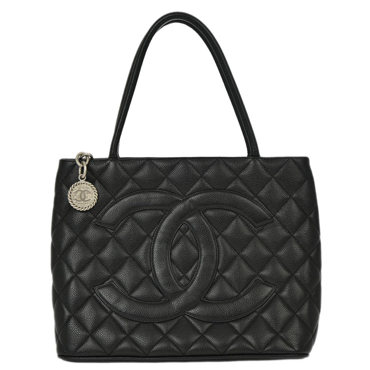 Chanel 2000-2001 Black Caviar Medallion Tote Handbag