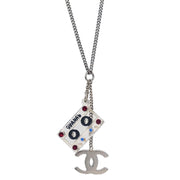 Chanel CC Cassette Tape Chain Pendant Necklace Rhinestone Silver 04P