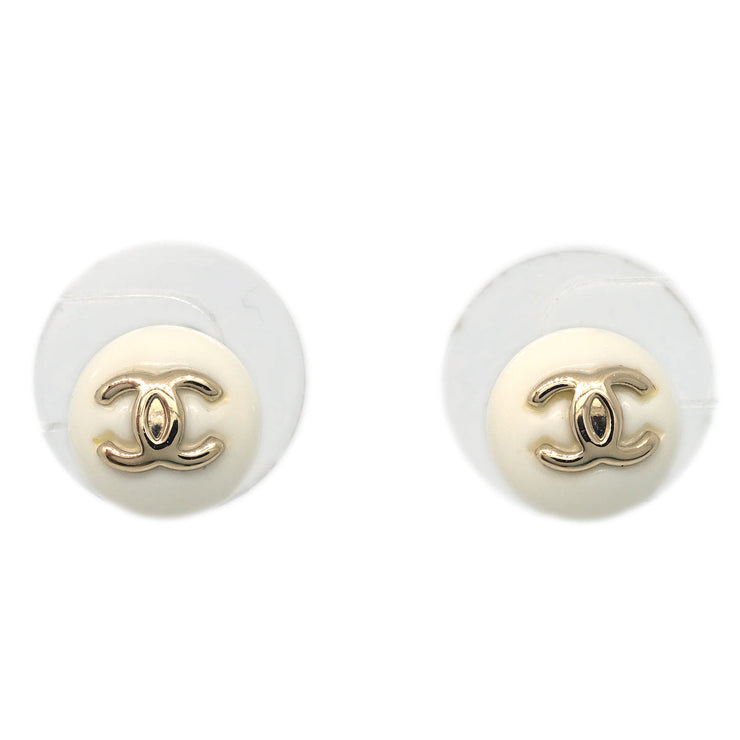 Chanel Button Piercing Earrings White 06V