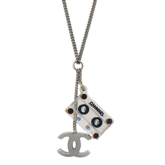 Chanel CC Cassette Tape Chain Pendant Necklace Rhinestone Silver 04P