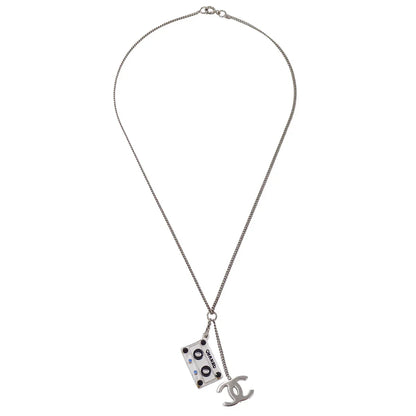 Chanel CC Cassette Tape Chain Pendant Necklace Rhinestone Silver 04P