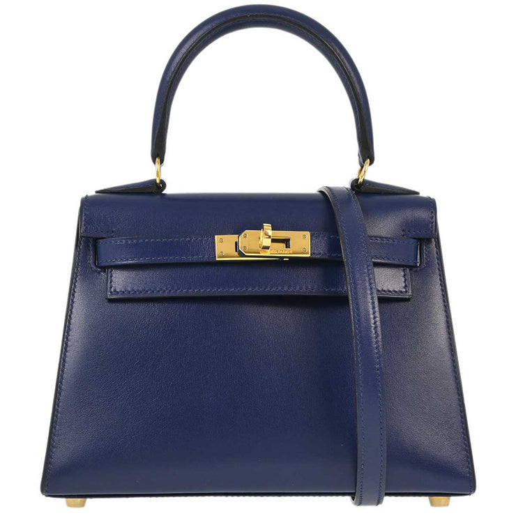 Hermes * 1996 Blue Box Calf Kelly 20 Sellier 2way Shoulder Handbag