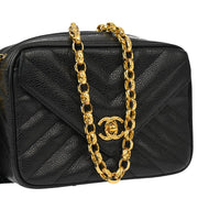 Chanel 1991-1994 Black Caviar Chevron Camera Bag Mini