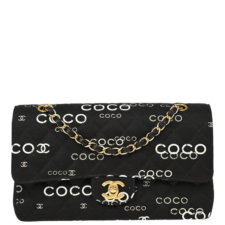 Chanel 2001-2003 Black Canvas COCO Medium Classic Double Flap Shoulder Bag