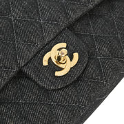 Chanel 1997-1999 Black Denim Medium Classic Double Flap Shoulder Bag