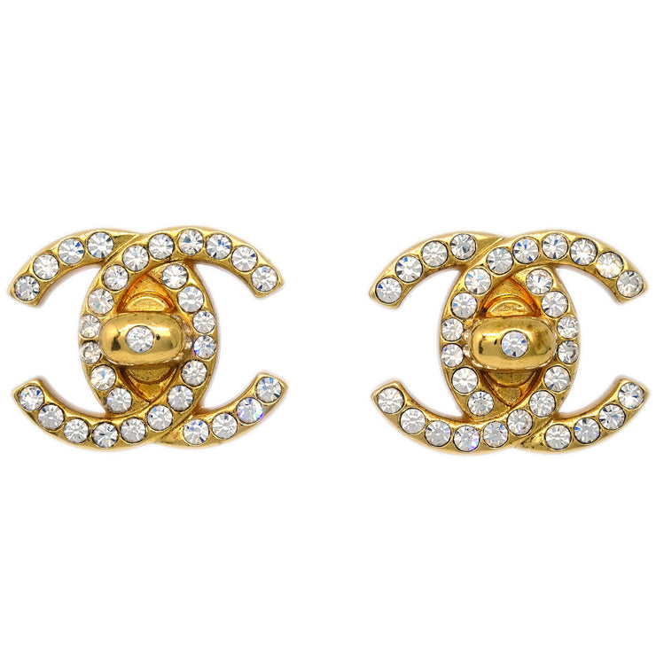 Chanel Gold CC Turnlock Earrings Rhinestone Clip-On 96A