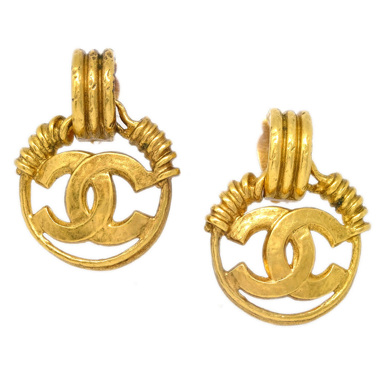 Chanel Hoop Dangle Earrings Gold Clip-On 94P