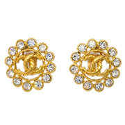 Chanel Gold Button Earrings Clip-On Rhinestone 93A