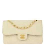 Chanel Ivory Linen Camellia Small Classic Double Flap Shoulder Bag