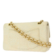 Chanel Ivory Linen Camellia Small Classic Double Flap Shoulder Bag