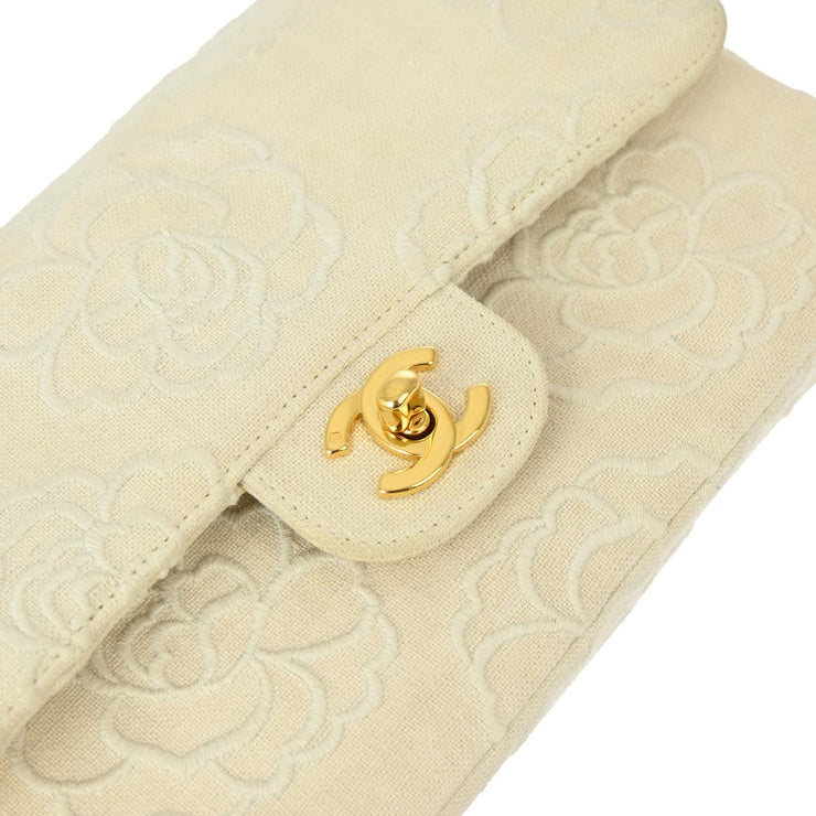 Chanel Ivory Linen Camellia Small Classic Double Flap Shoulder Bag