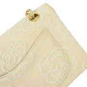 Chanel Ivory Linen Camellia Small Classic Double Flap Shoulder Bag