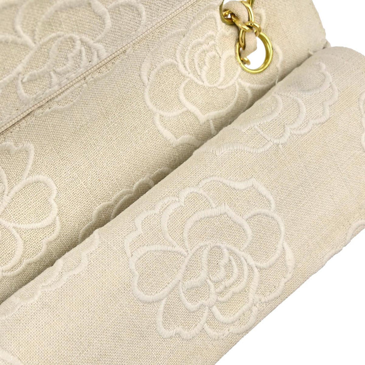 Chanel Ivory Linen Camellia Small Classic Double Flap Shoulder Bag