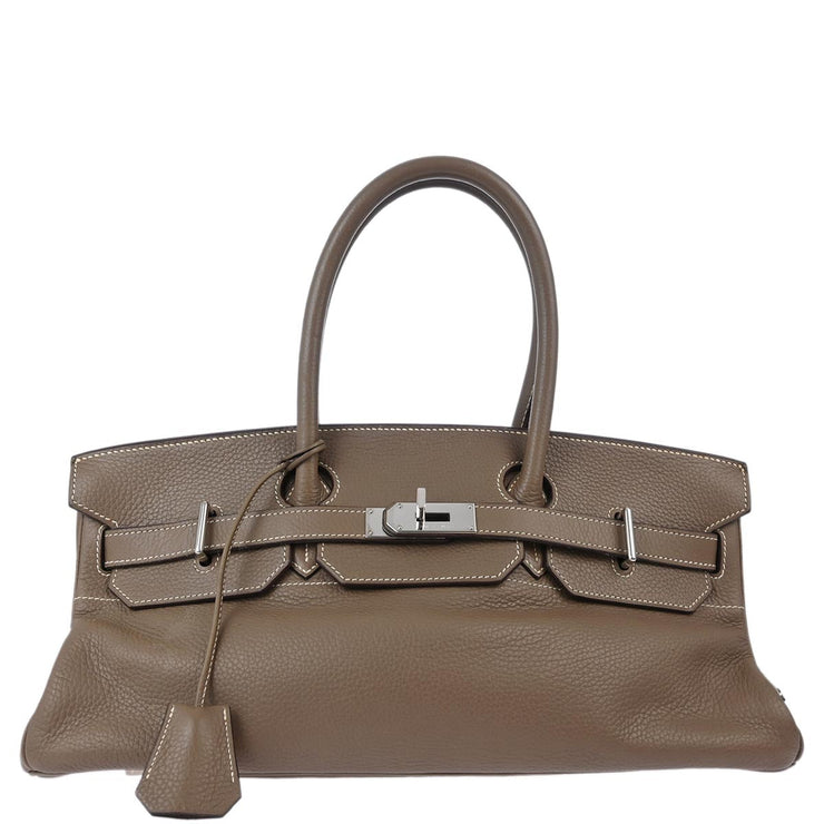 Hermes Etoupe Taurillon Clemence Shoulder Birkin Handbag