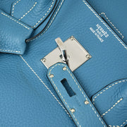 Hermes Blue Taurillon Clemence Shoulder Birkin Handbag