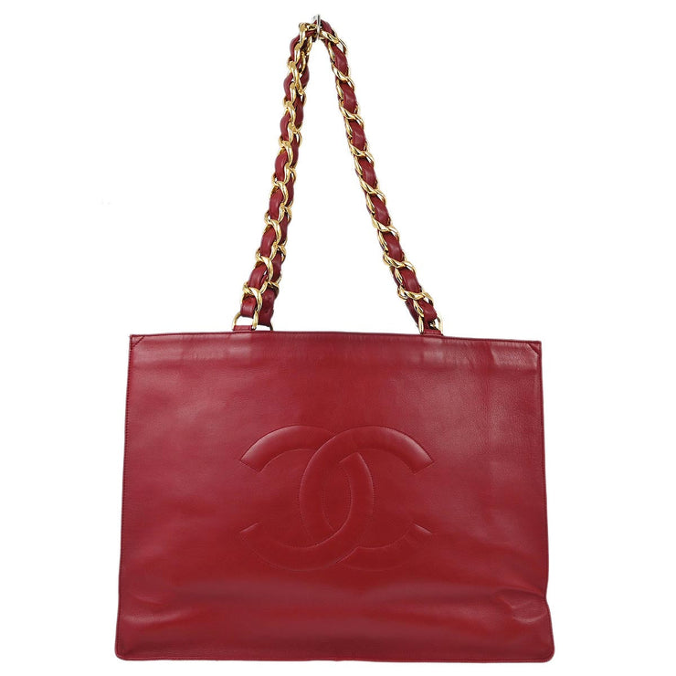 Chanel Red Lambskin Shoulder Tote Bag