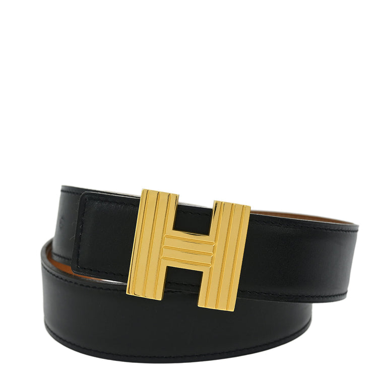 Hermes Black Box Calf Constance Reversible Belt #75 Small Good