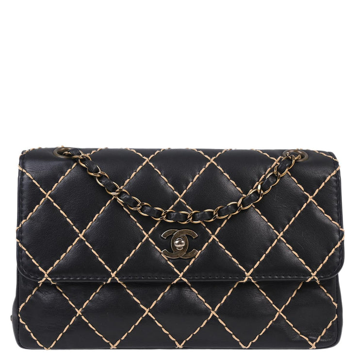 Chanel Black Calfskin Wild Stitch Straight Flap Shoulder Bag