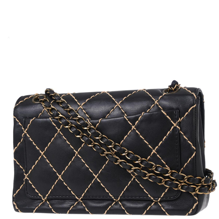 Chanel Black Calfskin Wild Stitch Straight Flap Shoulder Bag